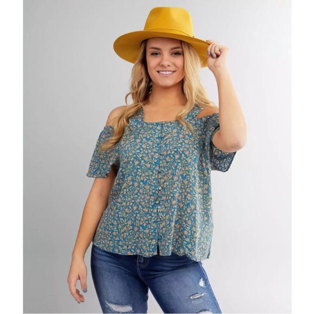 Billabong Floral Off-Shoulder Blue Top Size Large